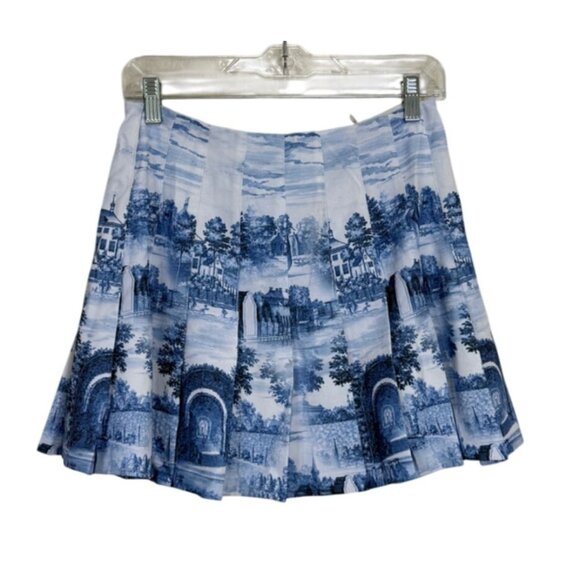 Alice + Olivia Carter Pleated Mini Skirt Blue White Landscape Print Size 4 - Picture 1 of 8